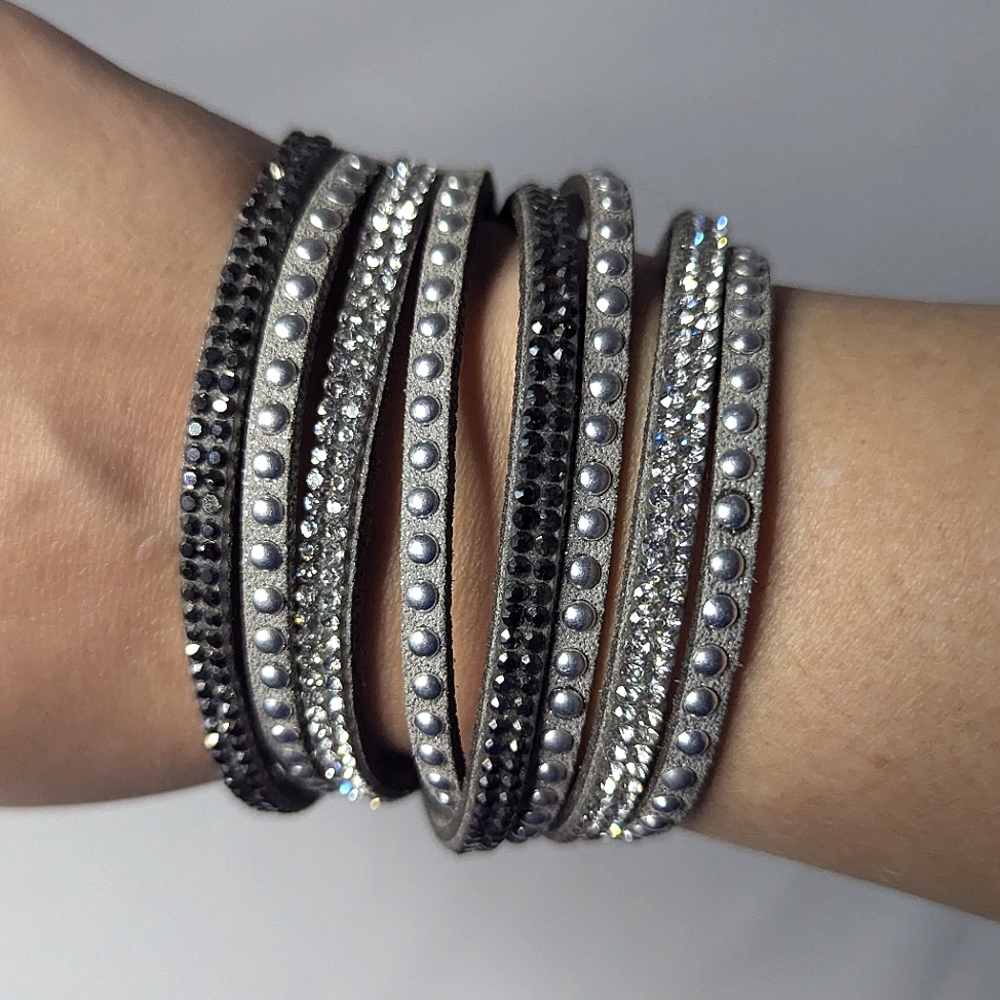 3 for $25 | Leather strap bracelet, grey, rhinestone,